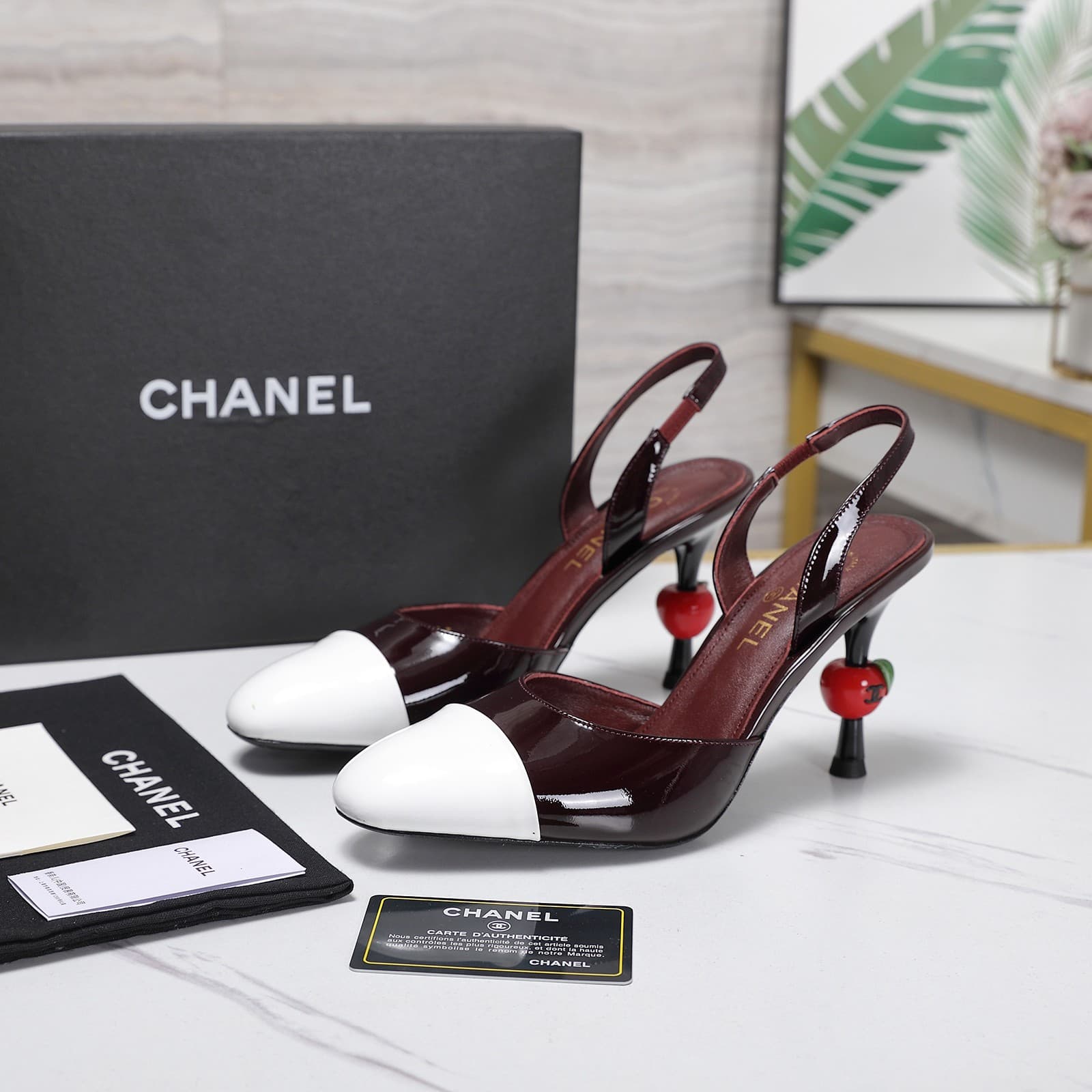 Chanel Lambskin Patent Cap Toe CC Slingback Pumps