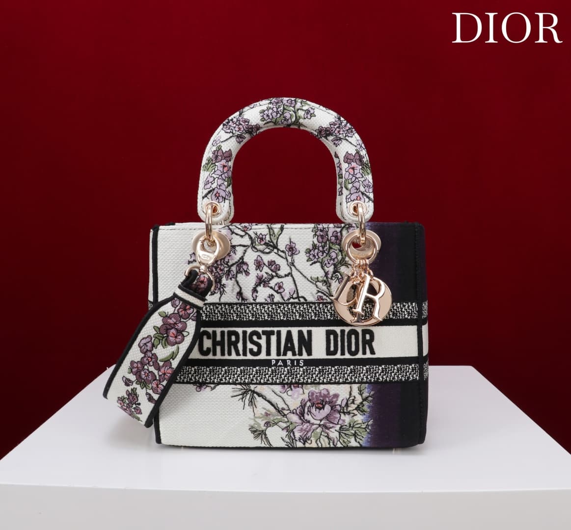 Medium Lady D-Lite Bag White and Purple Embroidery High