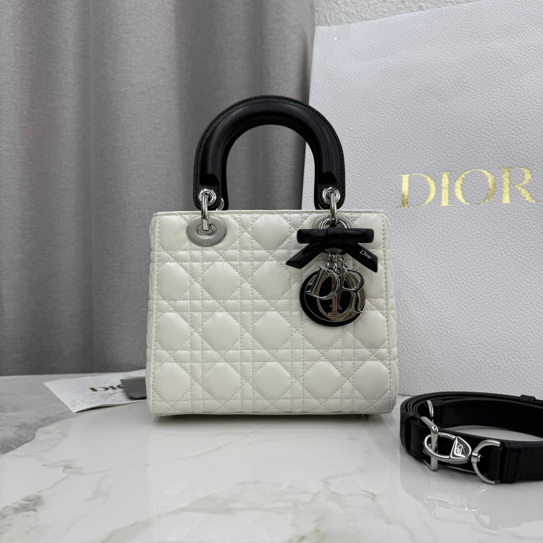 Dior Small Lady Dior Bag Lambskin Cannage In White With Leather Bow High