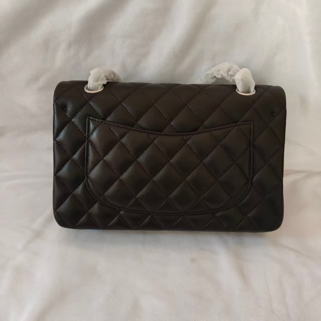 Chanel Small CLASSIC HANDBAG Lambskin Silver Metal Deep Brown A