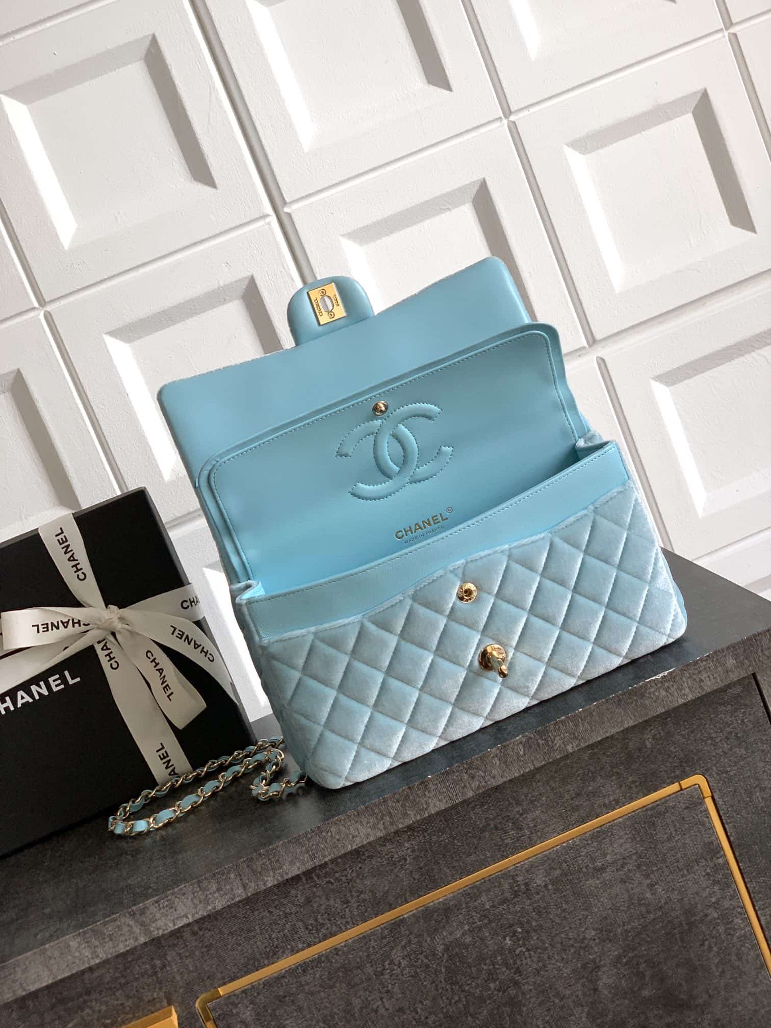 Chanel Medium CLASSIC HANDBAG Velvet  & Gold-Tone Metal Light Blue A