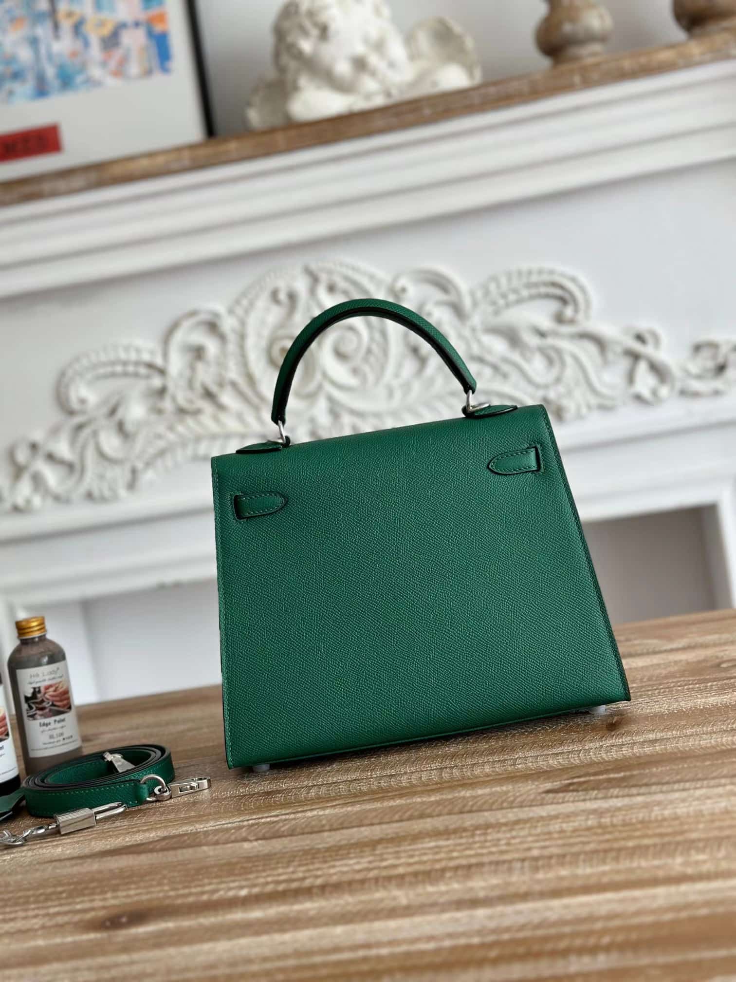 Hermes Kelly 25/28cm Sellier Bag Epsom Leather Silver/Gold Metal In Vert foncé WAX High