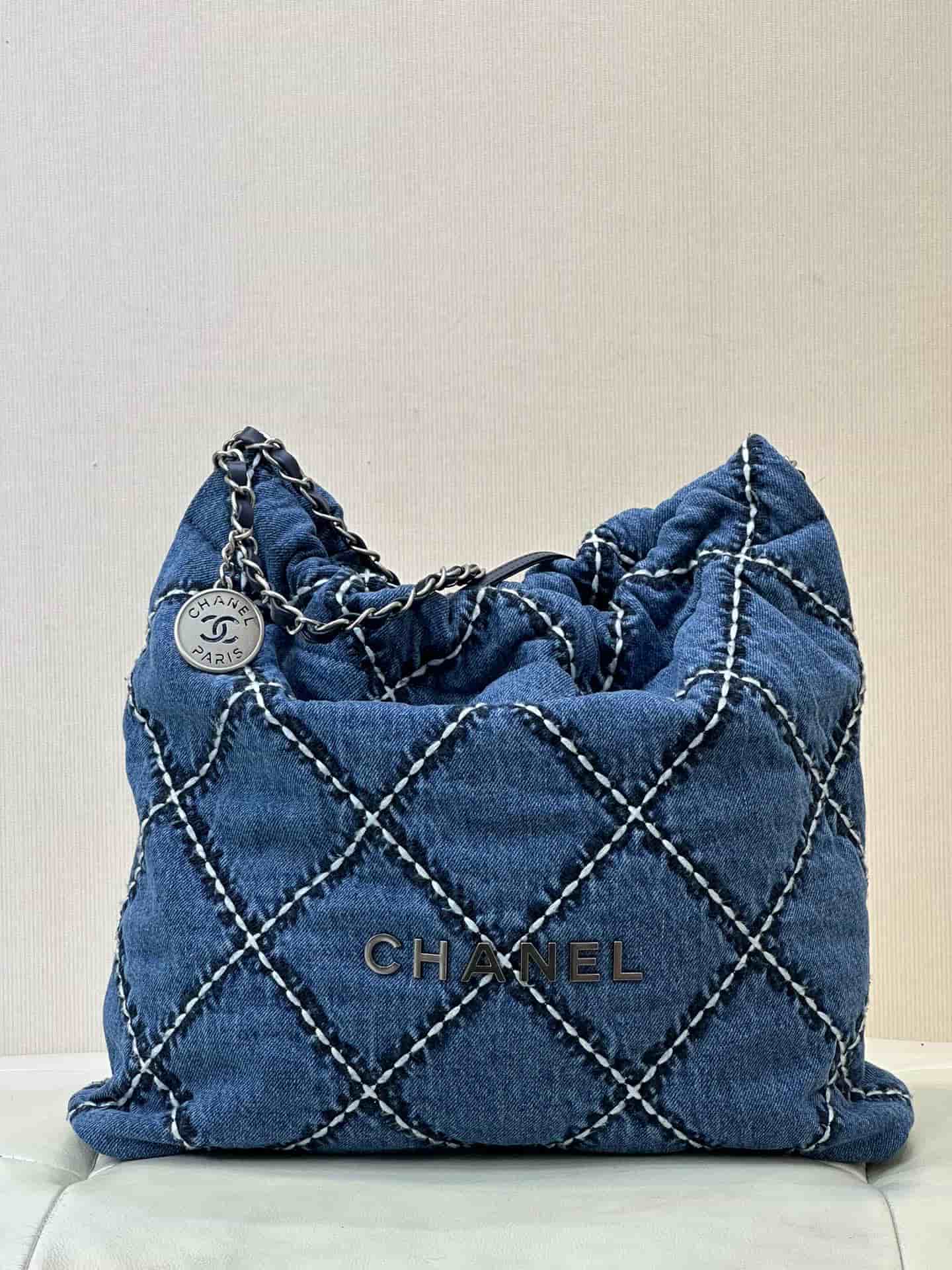 Chanel 22 Small handbag Washed denim studs & silver-tone metal AS3260 Blue TOP