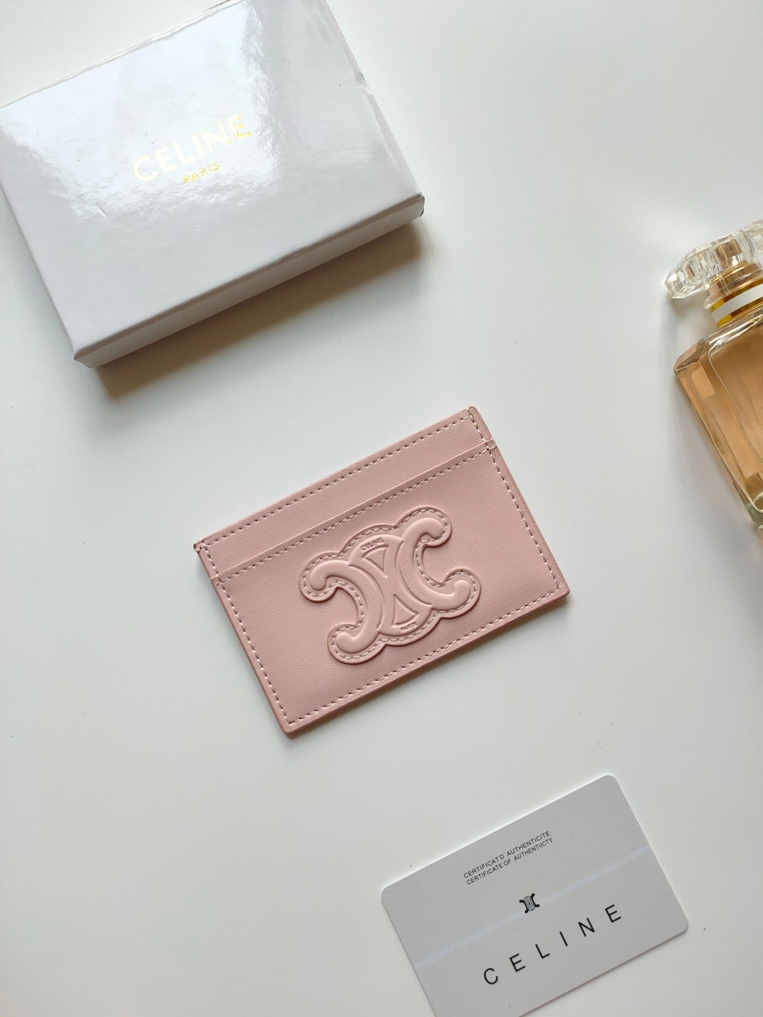 Celine Triomphe card holder in pink shiny calfskin leather 10B703 High