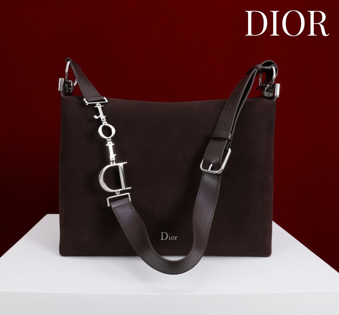 Large Diorly Bag Chocolate Suede Calfskin Silver lettering High