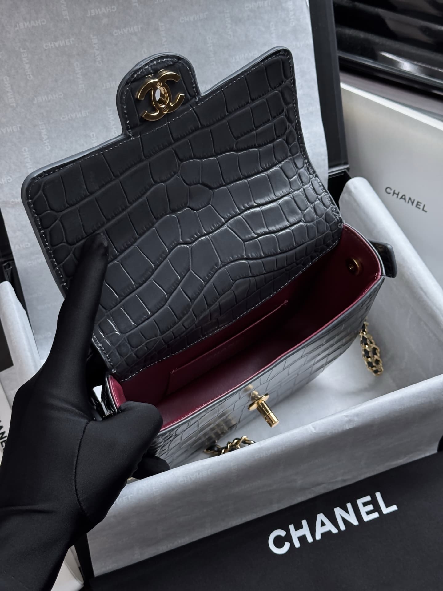 Chanel Mini Flap Bag with Top Handle Crocodile Embossed Calfskin & Gold-Tone Metal AS6424 A