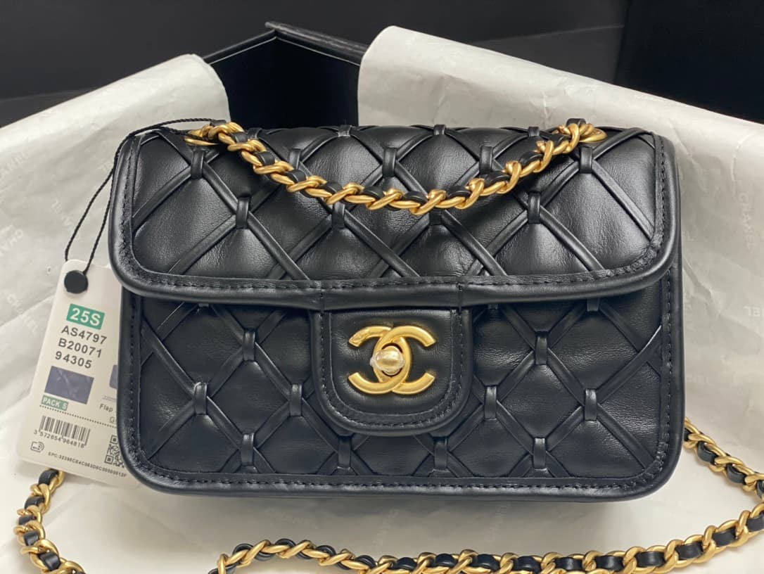 Chanel Mini Flap Bag Metallized Braided Calfskin & Gold-Tone Metal  Black AS4797 High