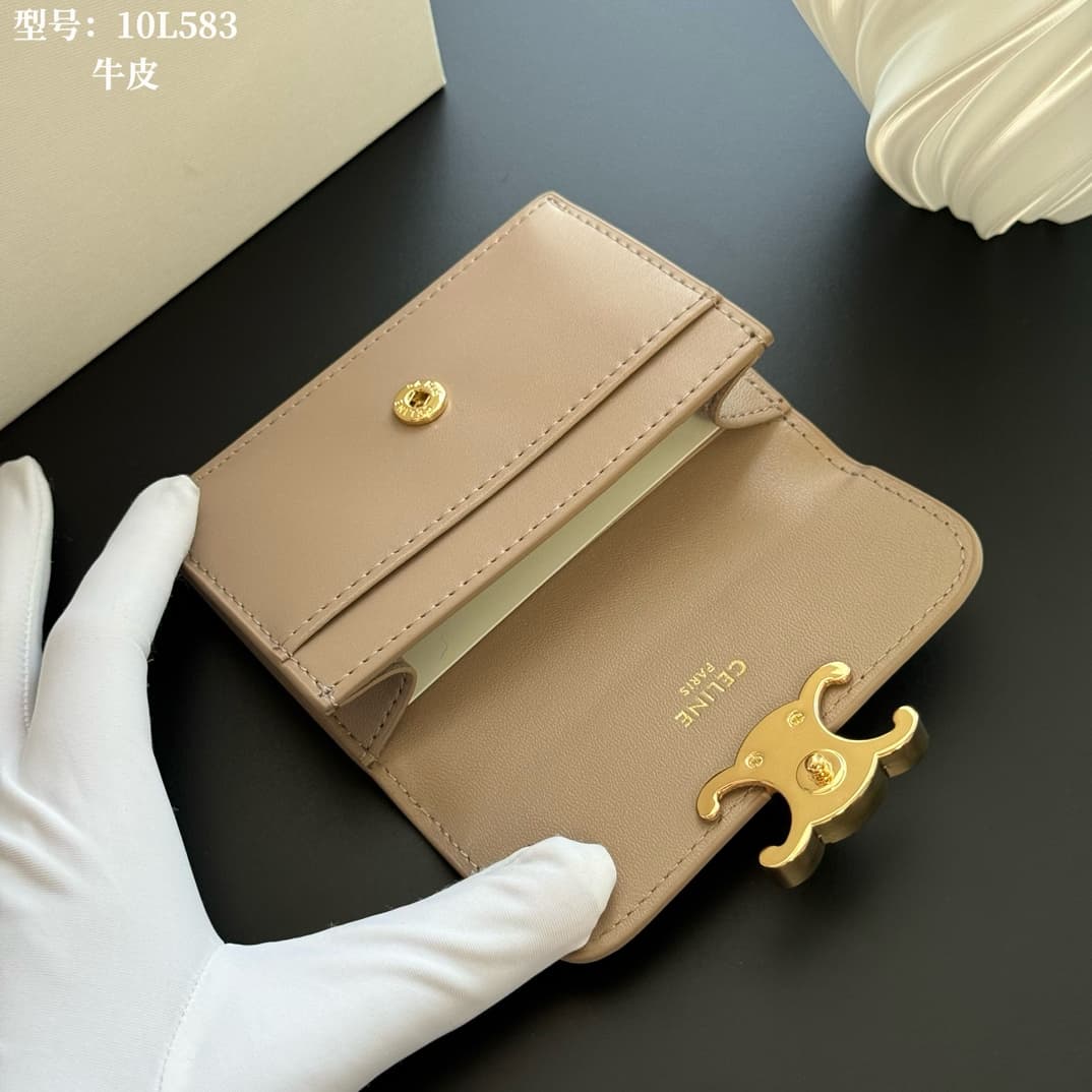 Celine Triomphe Flap Card Holder in shiny Beige calfskin High