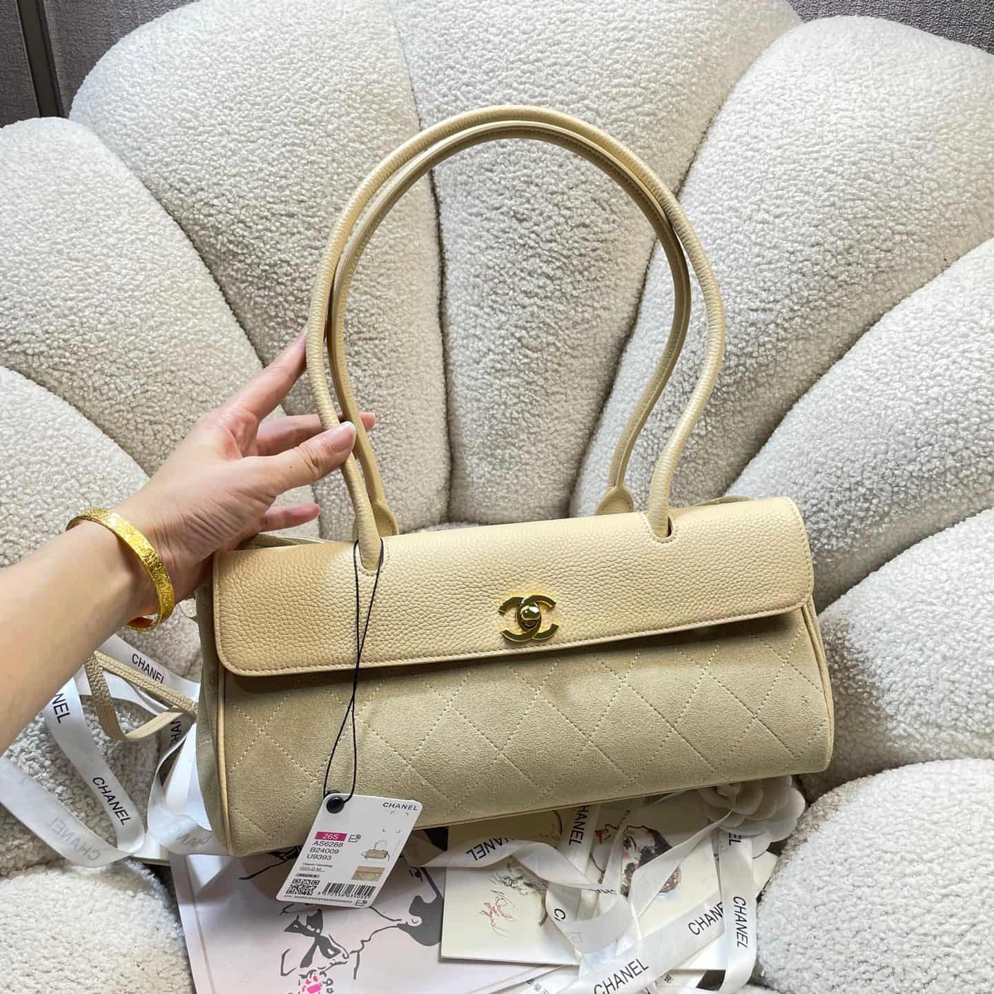 Chanel SMALL SHOPPING BAG Suede with Calfskin& Gold-Tone Beige AS6288 A