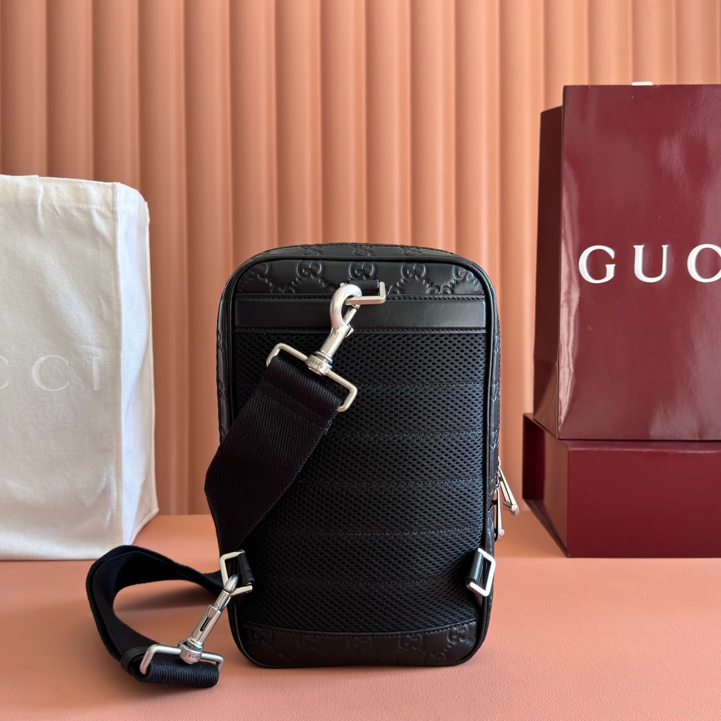 Gucci GG Emblem small crossbody bag Black embossed GG smooth leather 862915 High