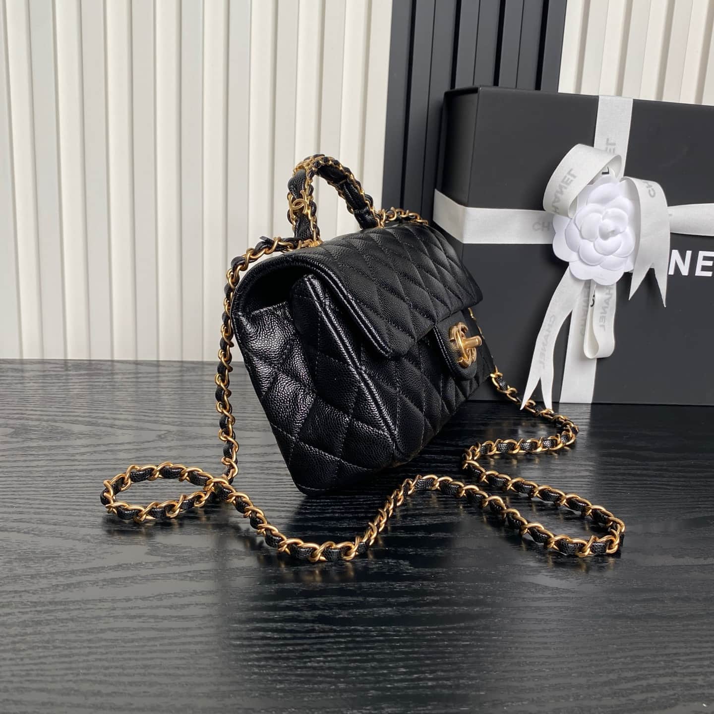 Chanel Mini Flap Bag with Top Handle Grained Shiny Calfskin & Gold-Tone Metal Black AS5701 A