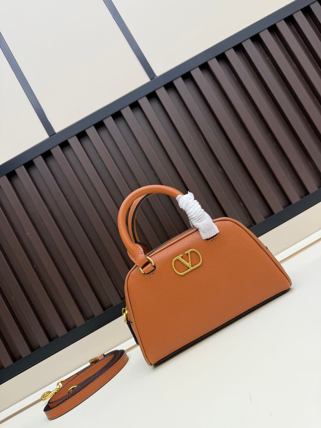 Valentino Garavani Mini VLogo Signature Bowling Bag Caramel