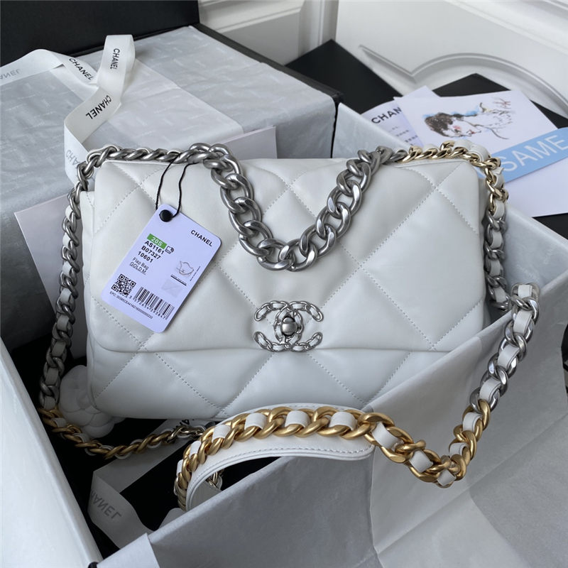 Large Chanel 19 Flap Bag Lambskin White Silver High