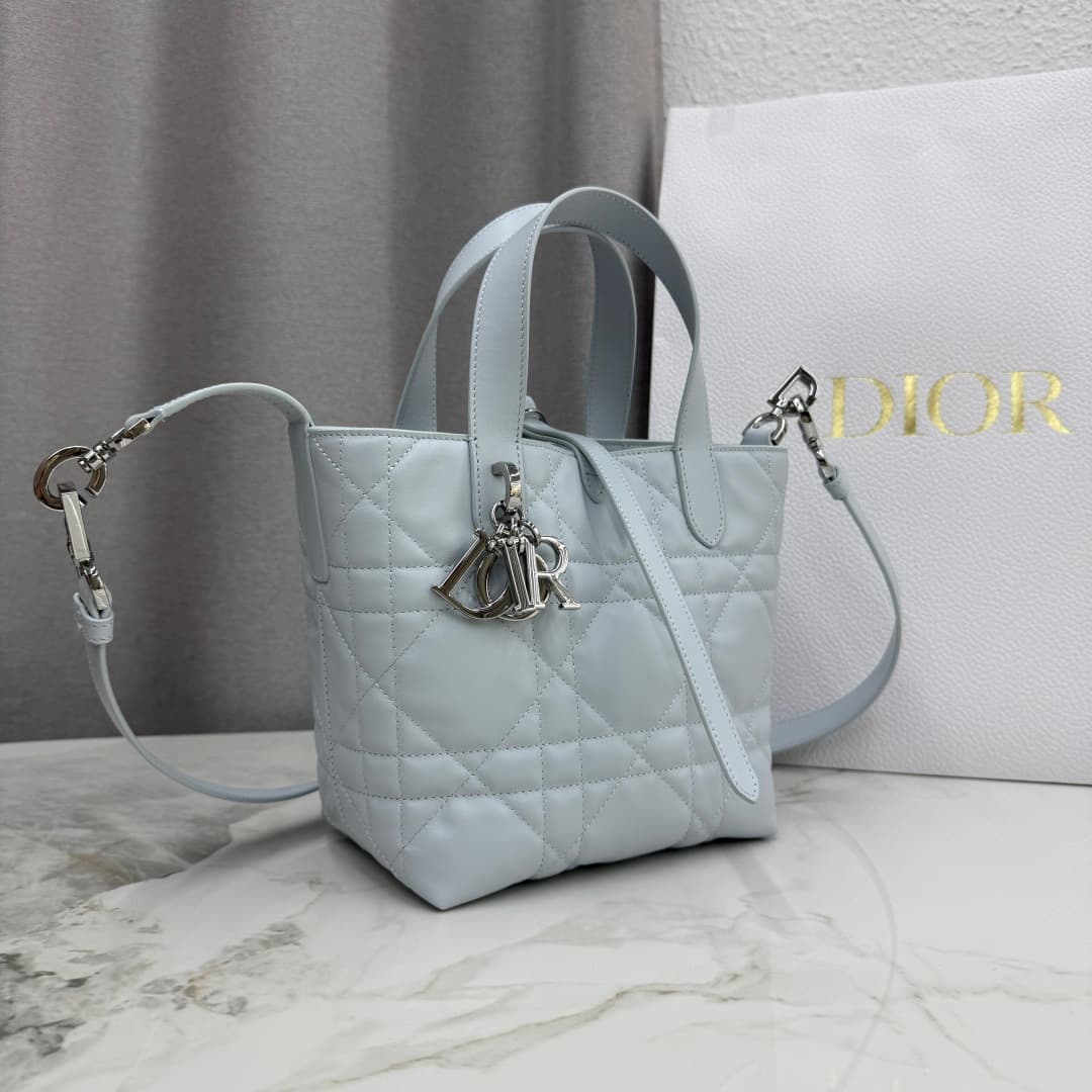 Small Dior Toujours Vertical Tote Bag in Ice Blue Macrocannage calfskin M2835 High