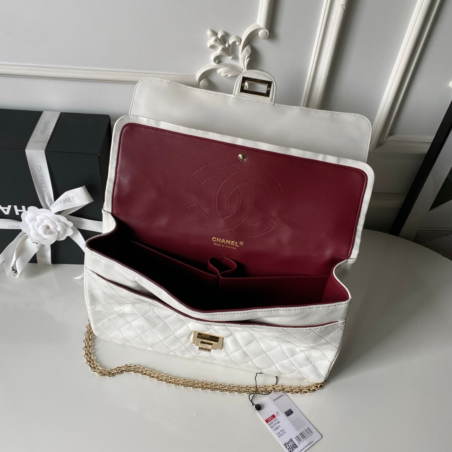 CHANEL Large 2.55 Handbag Aged Calfskin & Gold-Tone Metal White & Burgundy A37587 A