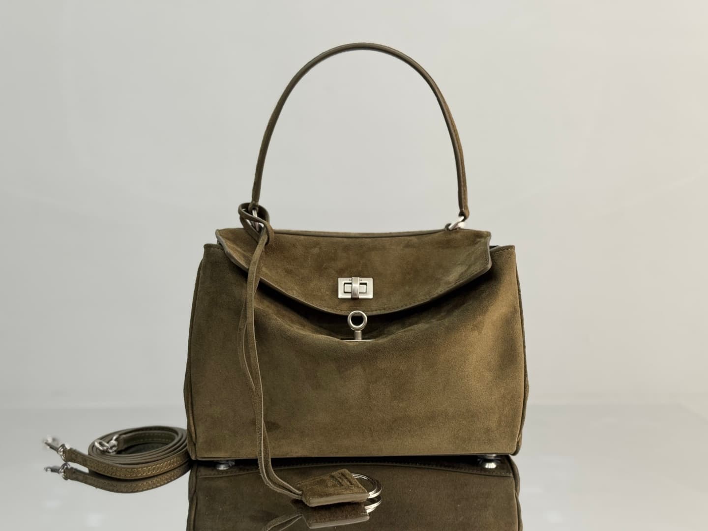 Balenciaga Rodeo Small Bag in Khaki Waxed Suede Calfskin With Silver-Tone Metal TOP