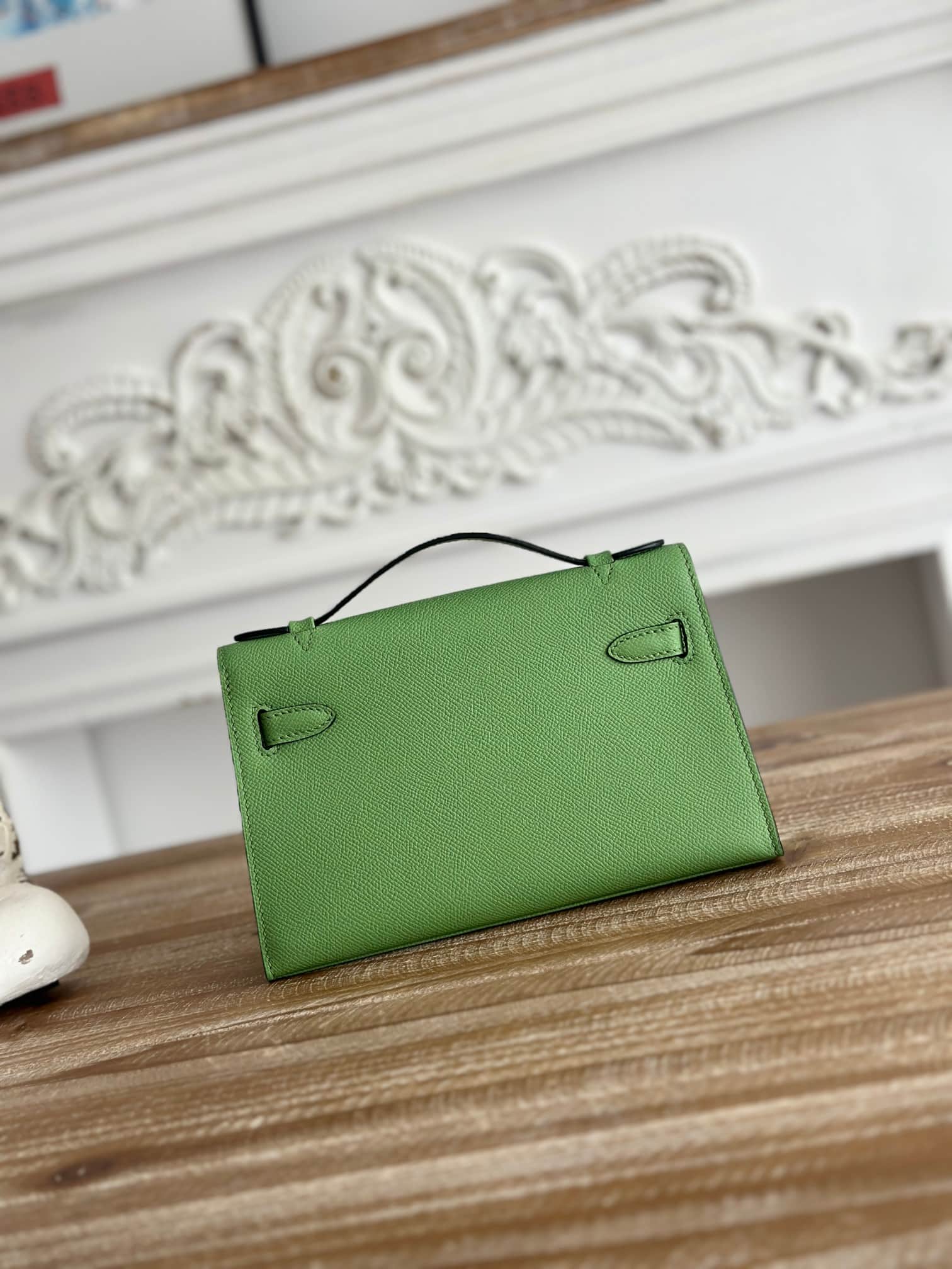 Hermes Kelly Pochette Bag Epsom Leather Silver/Gold Metal Vert Criquet WAX High
