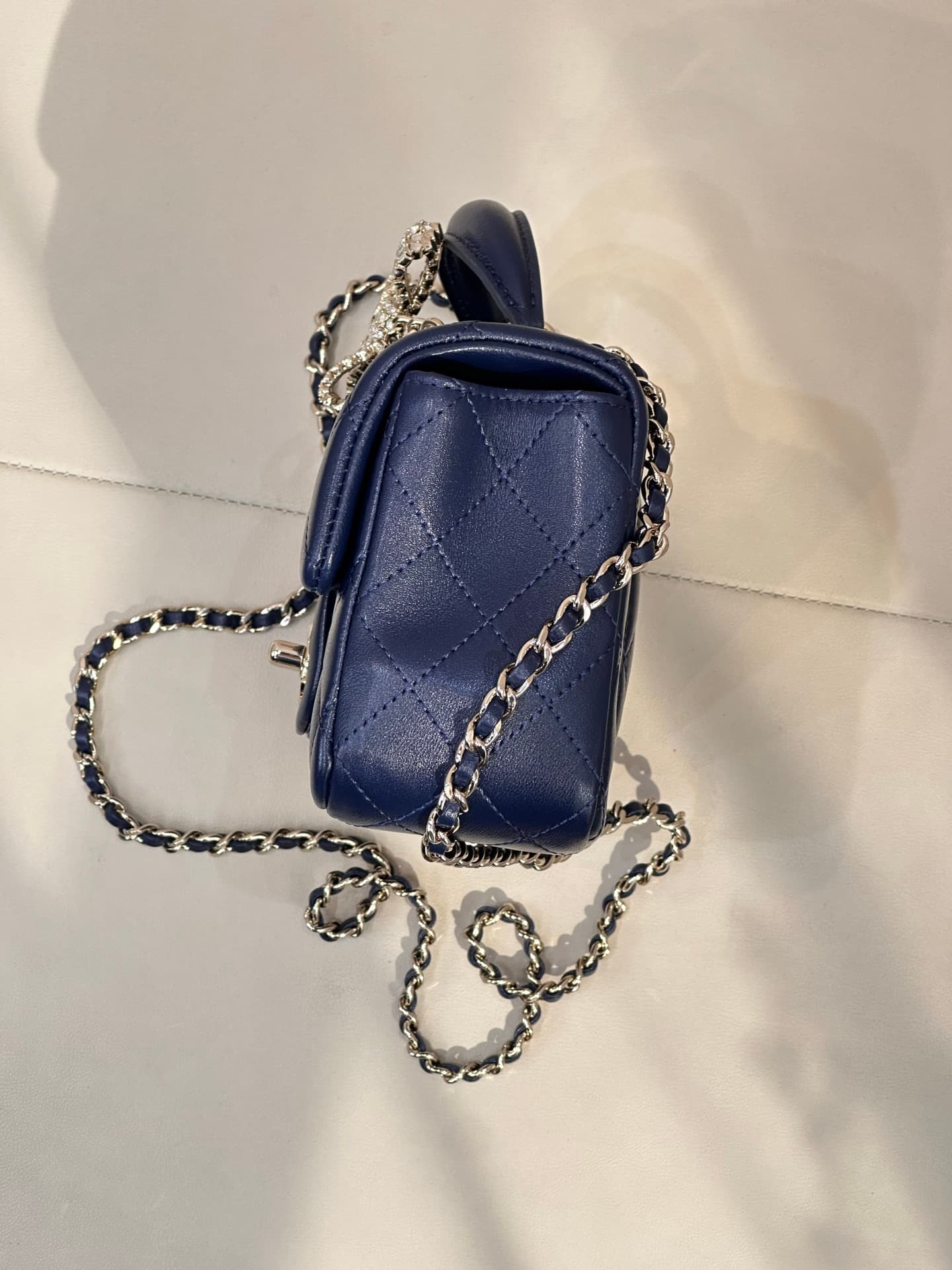 Chanel Mini Classic Handbag Lambskin Strass & Gold-Tone Metal AS2431 dark blue TOP