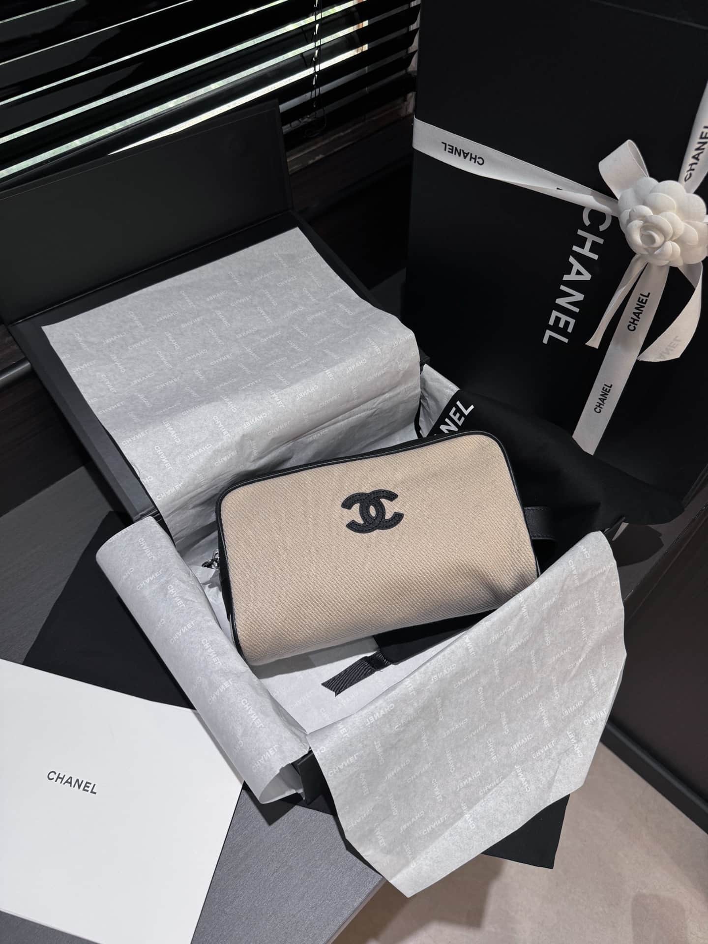 Chanel Small Zipped Pouch Canvas Calfskin Beige & Black AP5266 A