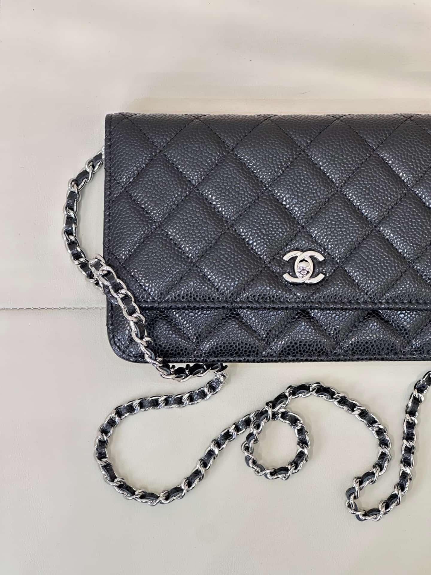 Chanel Classic Wallet on Chain Grained Shiny Calfskin & Silver-Tone Metal AP4241 Black TOP