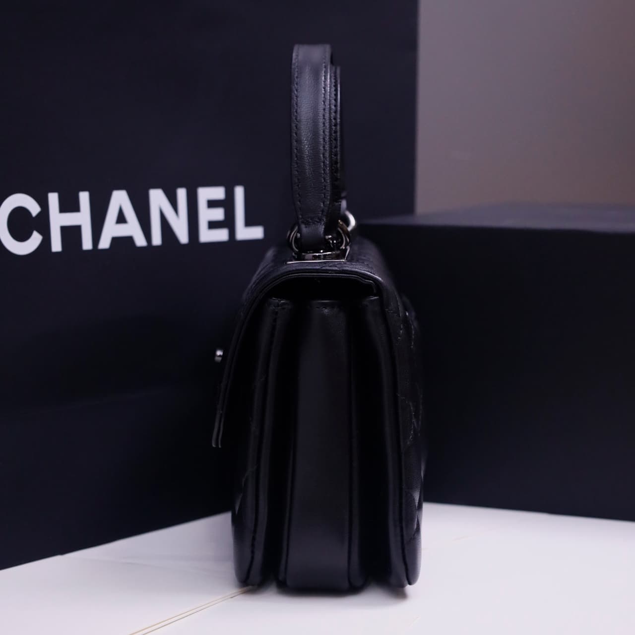 Chanel MINI FLAP BAG WITH TOP HANDLE AS4654 Lambskin &Black-Tone Metal Black A