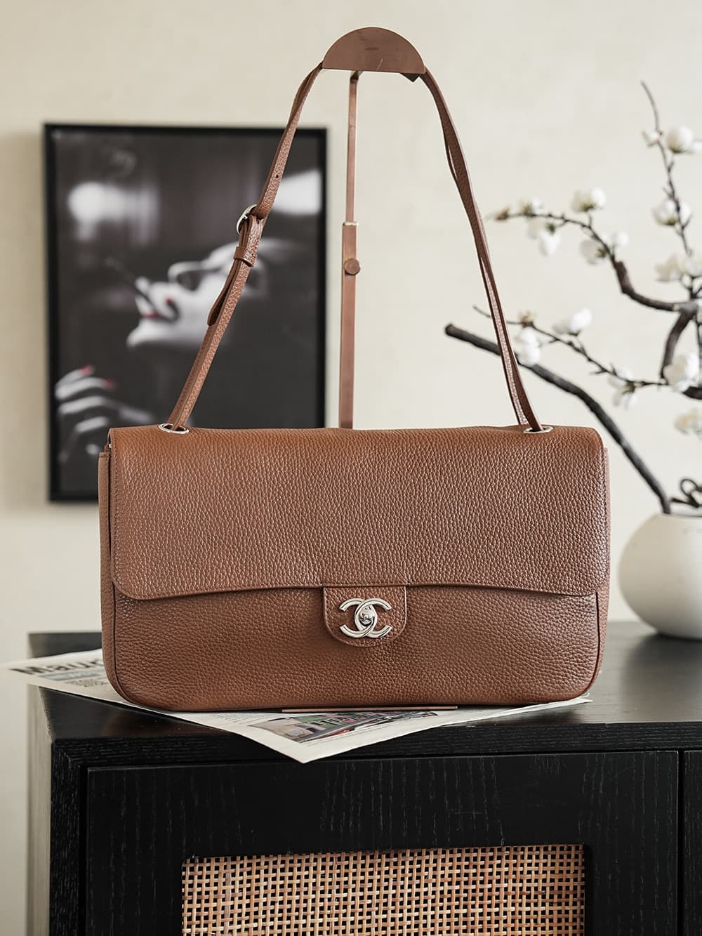Chanel Maxi Flapbag Grained Calfskin & Silver-Tone Metal Caramel AS6231 A