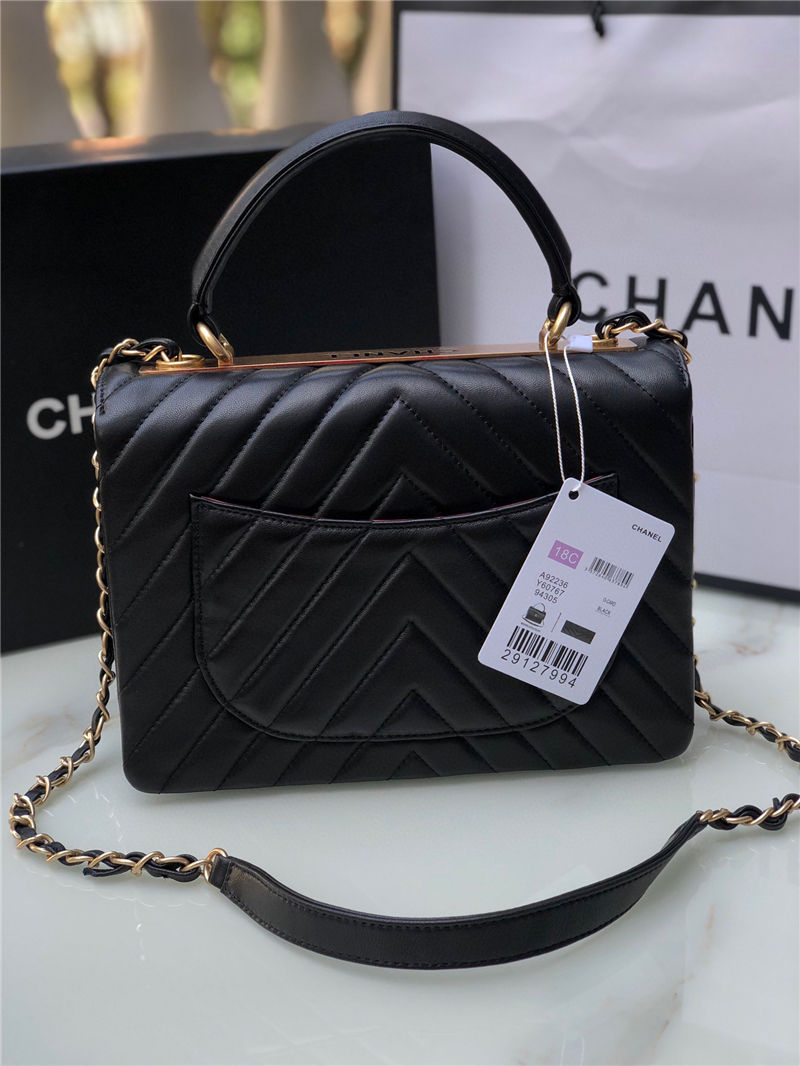 SMALL FLAP BAG WITH TOP HANDLE Chevrons Pattern Lambskin Anti-Gold Metal Black A