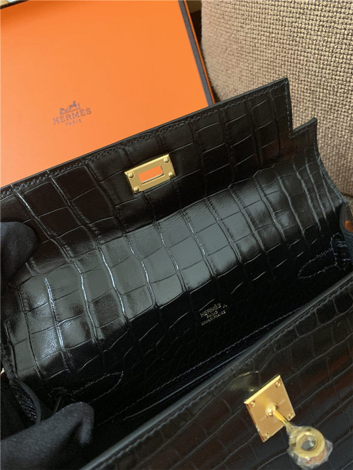 Hermes Kelly Pochette Bag Crocodile Silver/Gold Metal WAX Black High Customizing Style