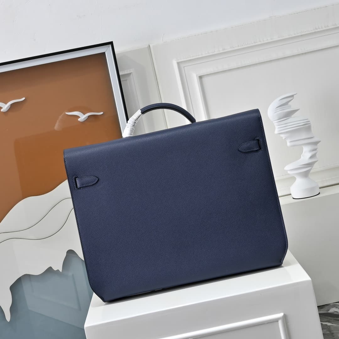Hermes Kelly depeches Epsom 36 briefcase In Navy blue Silver Metal CalfskIn WAX High