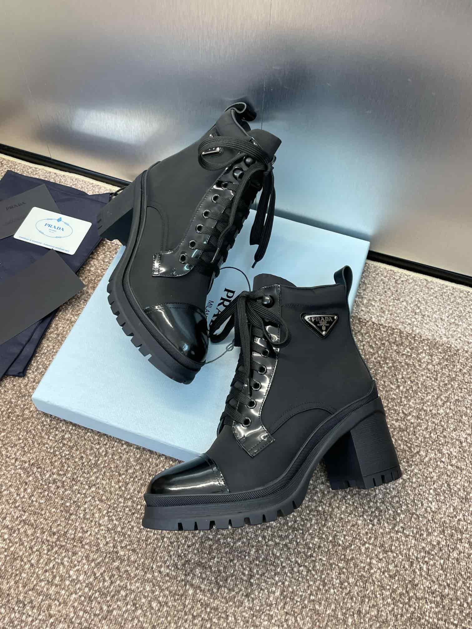 Prada Enameled Metal Triangle Nylon Combat Boots Shoes Medium Women