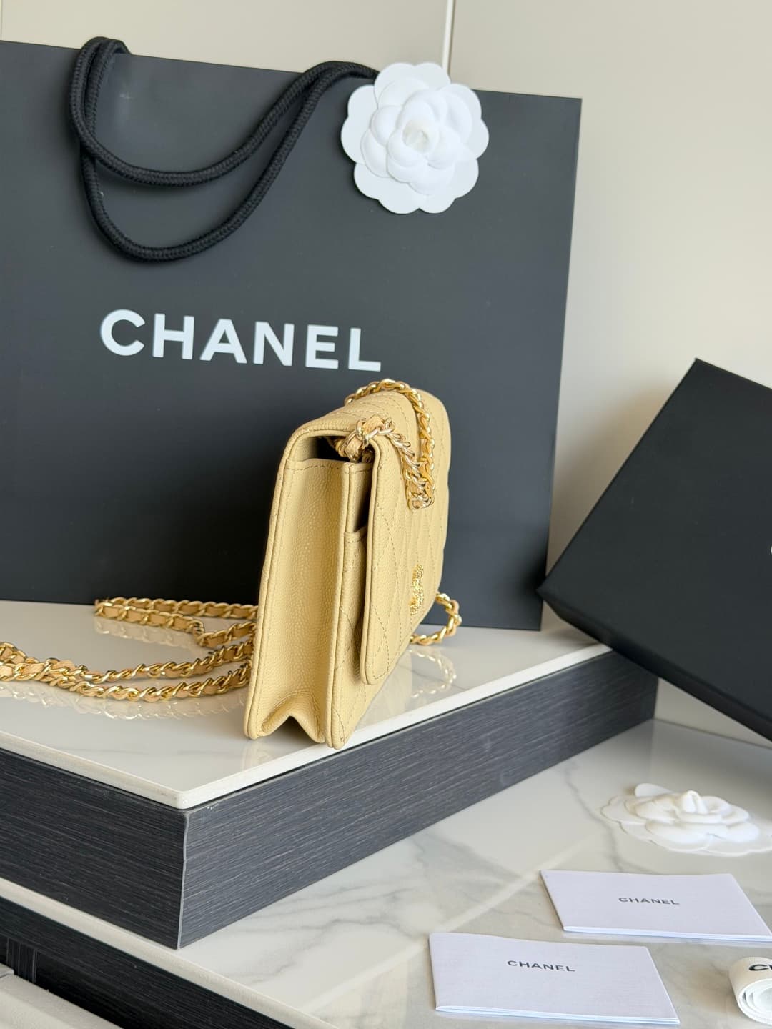 Chanel Wallet on Chain Shiny Grained Calfskin Strass & Gold-Tone Metal Yellow AP5073 High