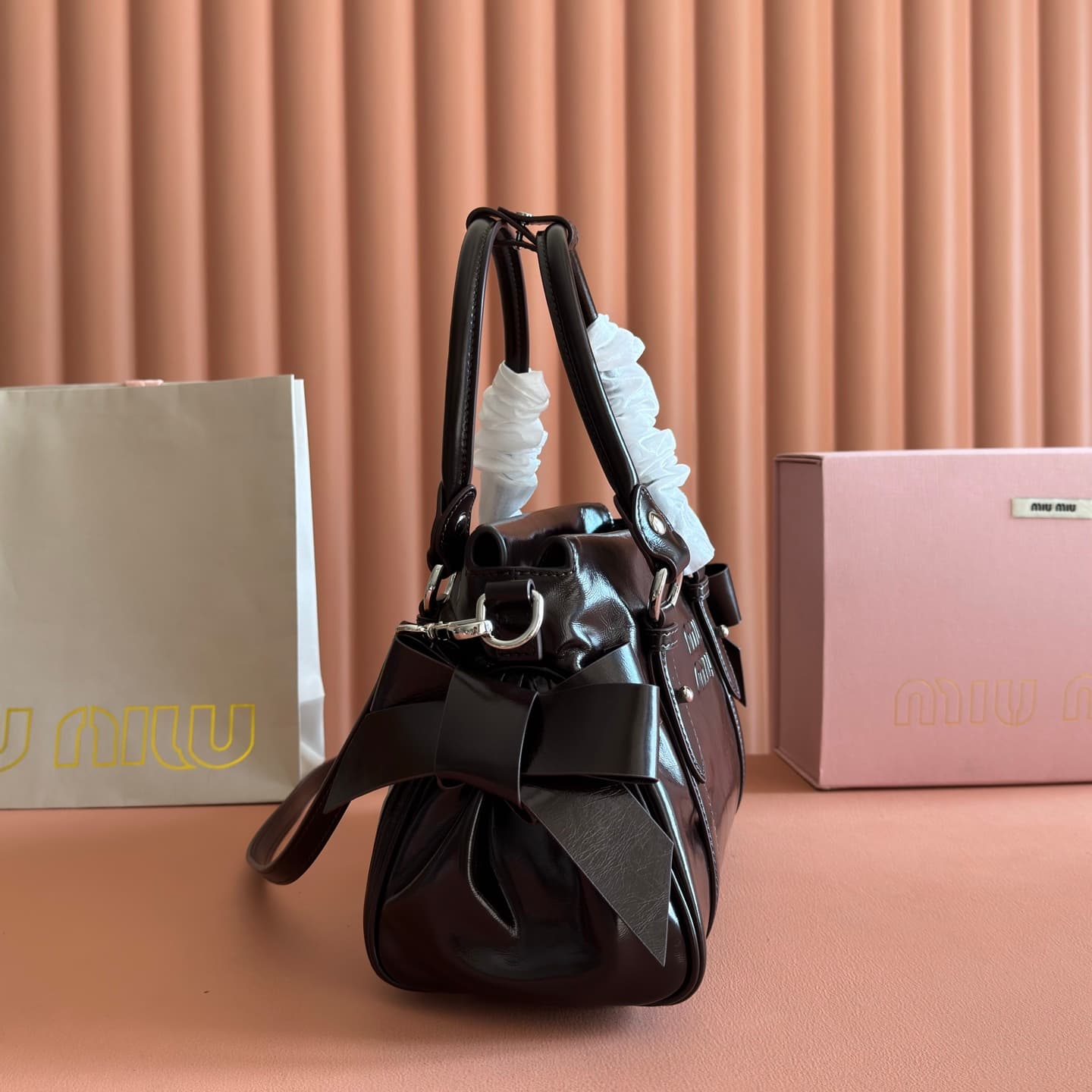 Miu Miu Shiny leather top-handle bag Briarwood Calfskin 5BA327 TOP