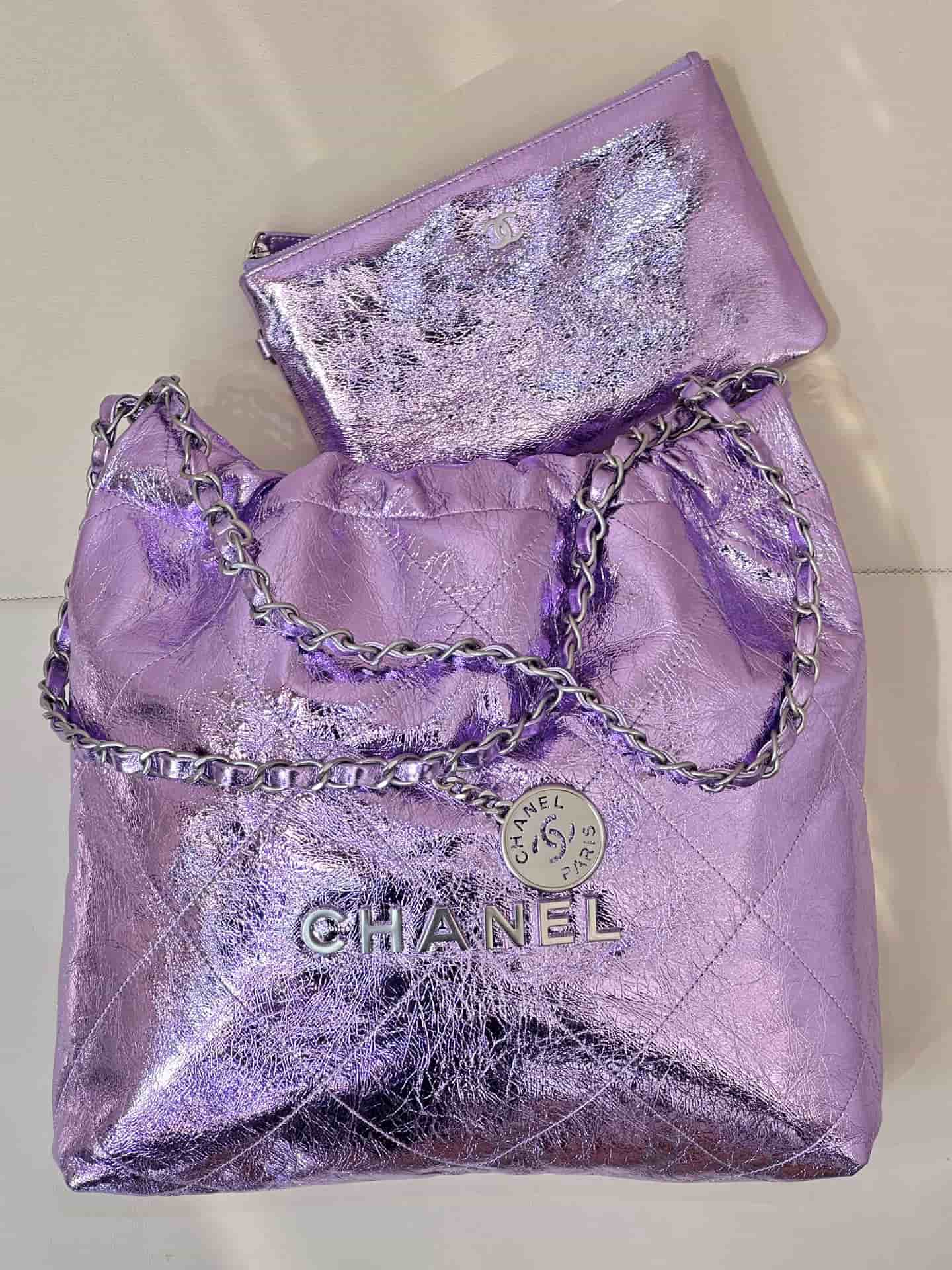 Chanel 22 Small handbag Metallic Calfskin & silver-tone metal AS3260 lilac TOP