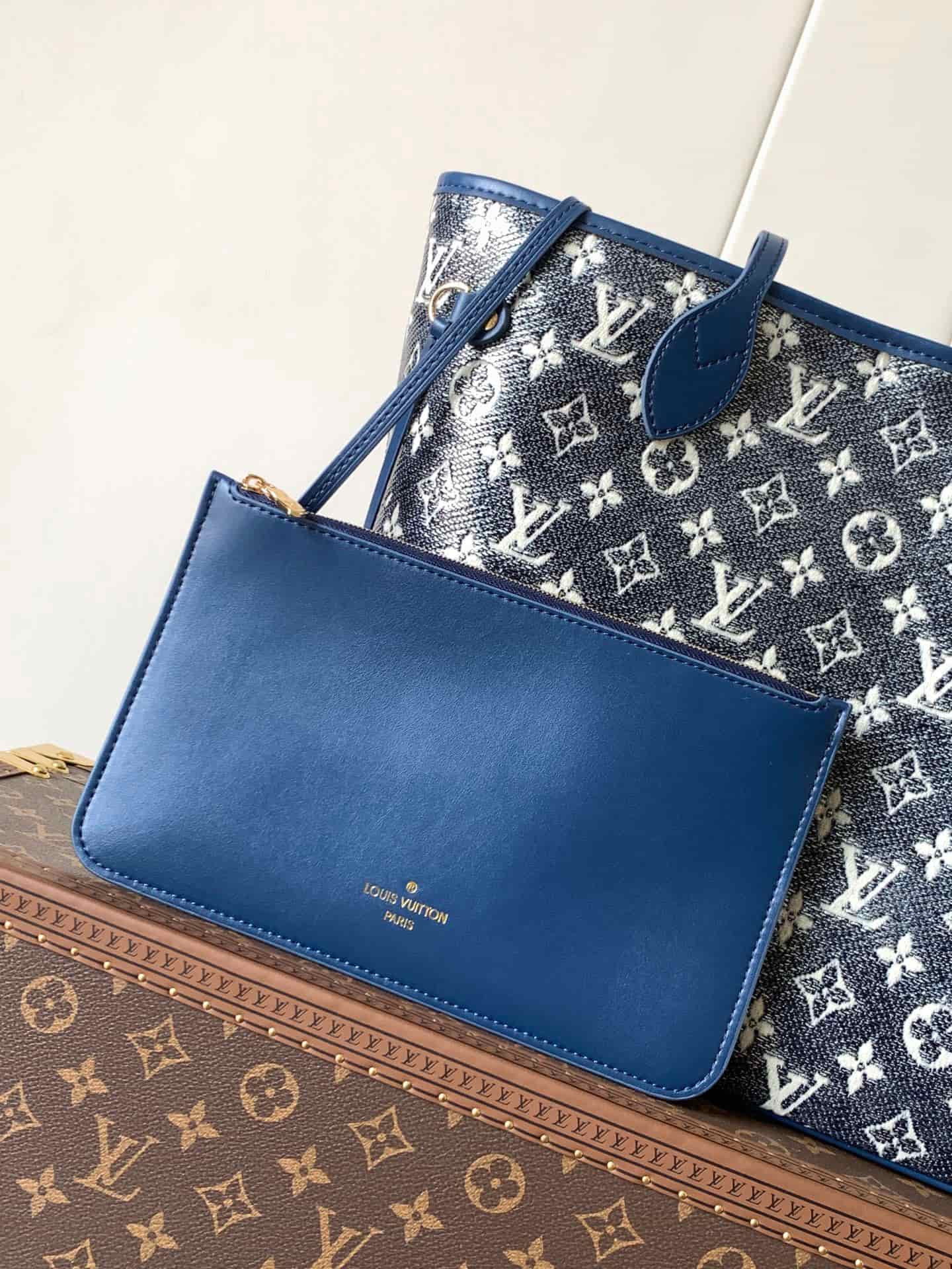 Louis Vuitton Neverfull MM Monoglam Tote Bag Metallic Blue Monogram M22921 High