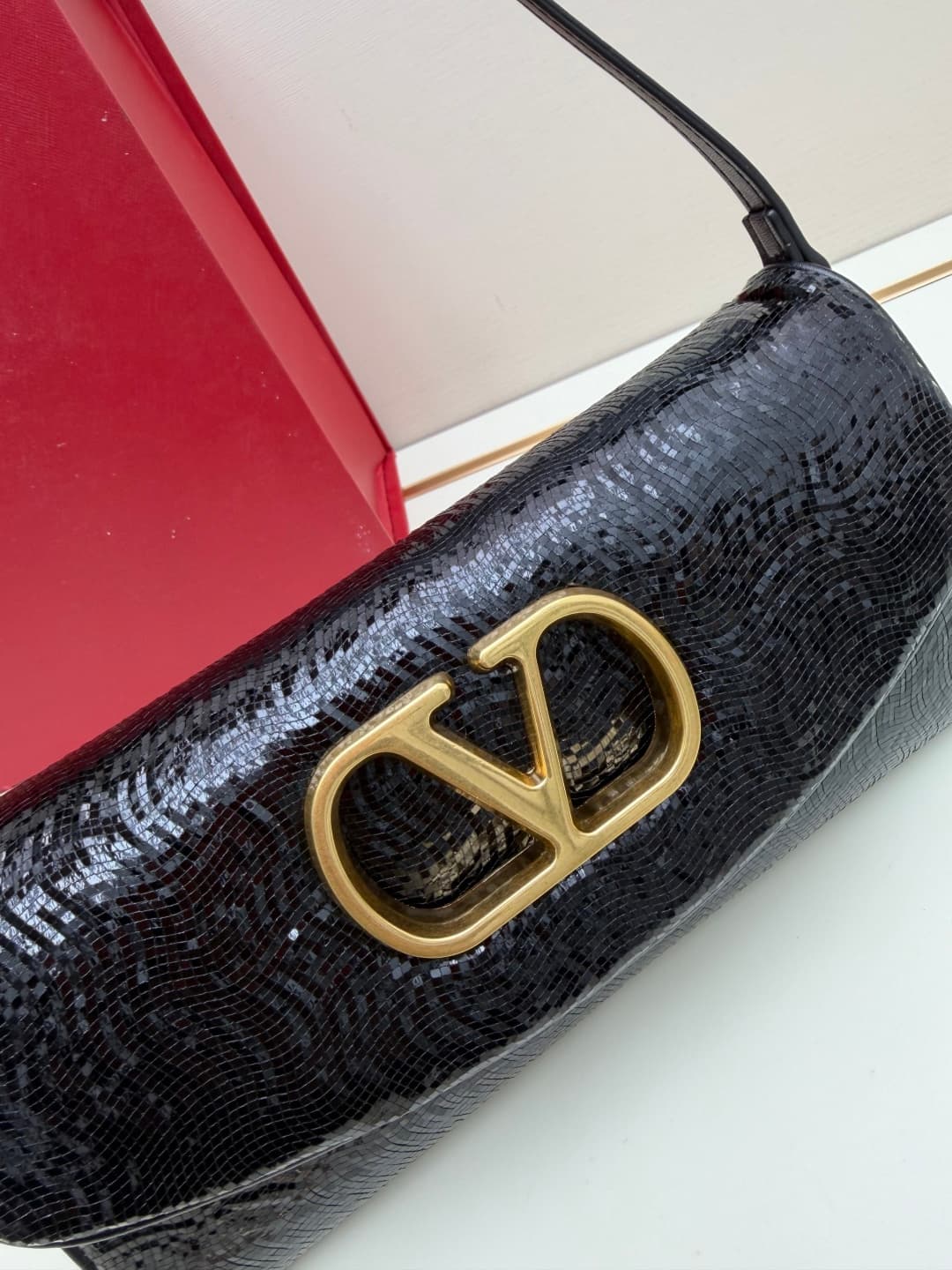 Valentino Garavani Devain Small Nappa Sequins Shoulder Bag Black High