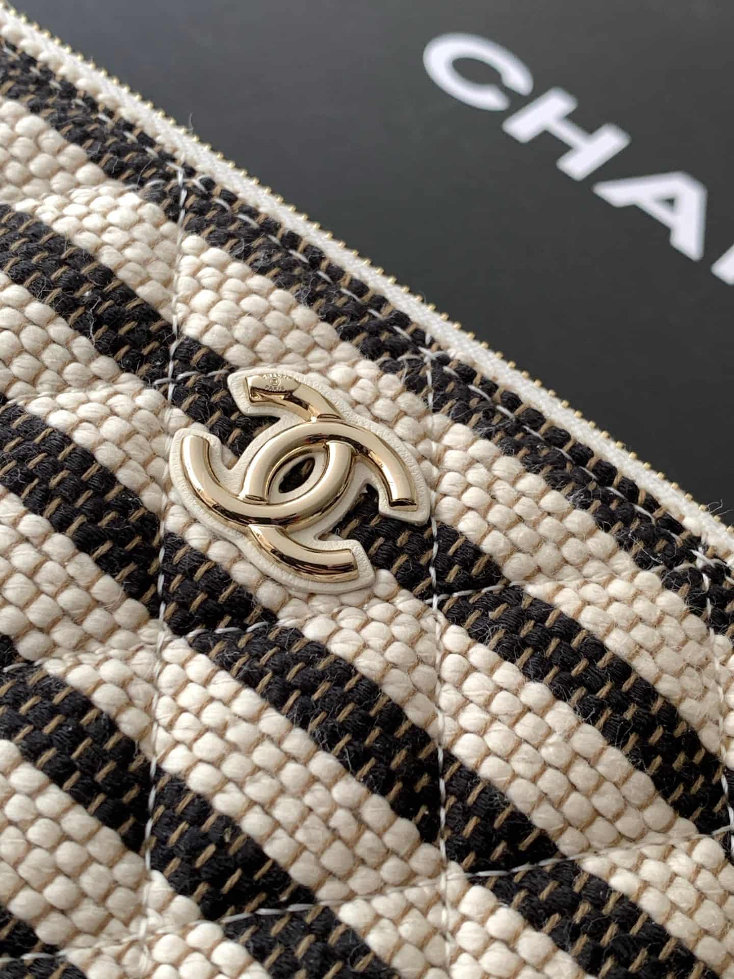 Chanel Zipped Case Printed Fabric & Gold-Tone Metal Black & White AS4989 A
