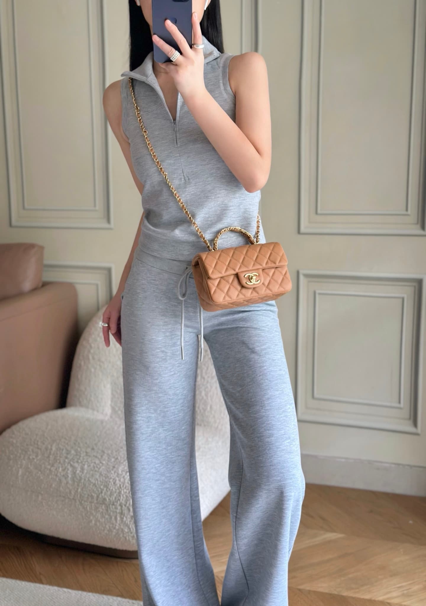 Chanel Mini Flap Bag with Top Handle Grained Shiny Calfskin & Gold-Tone Metal Caramel AS5701 TOP