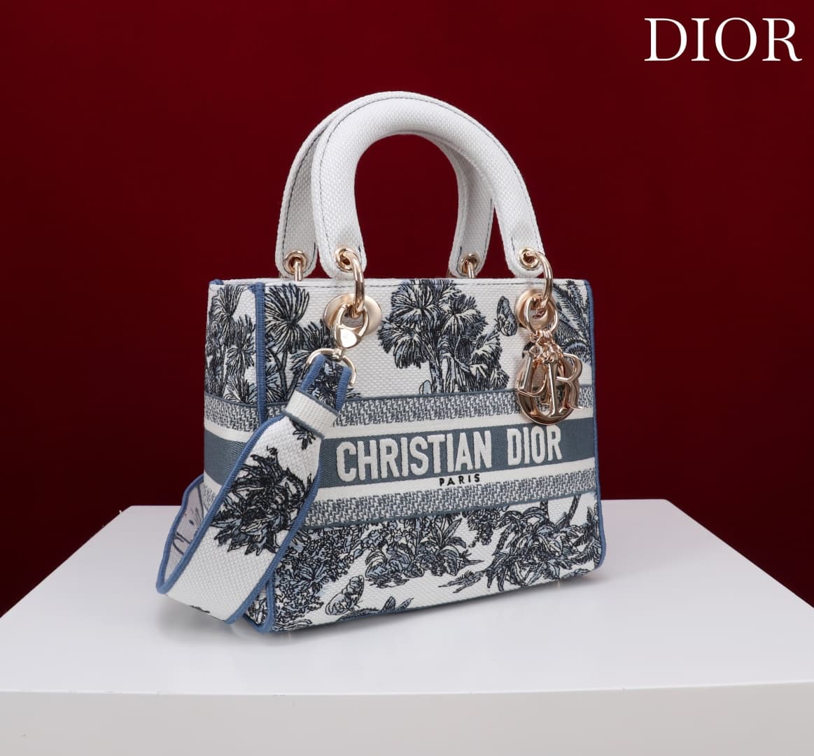 Medium Lady D-Lite Bag White and Blue Toile de Jouy Palms Embroidery High