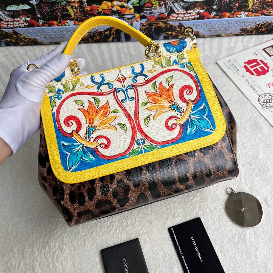 Dolce & Gabbana Miss Sicily top handle bag with Majolica and Leopard print leather High