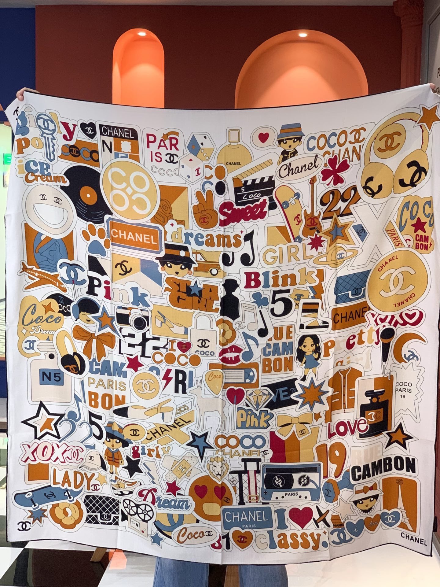 Chanel motif printed silk square scarf