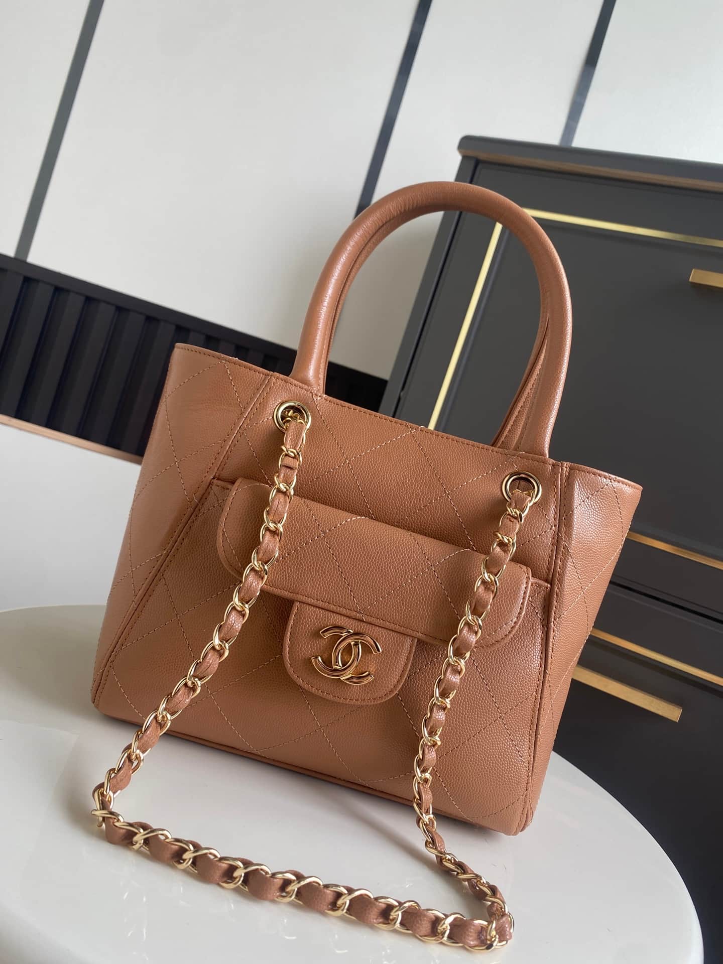 Chanel Tote Bag Grained Calfskin&Gold-Tone Metal Brown AS6025 High