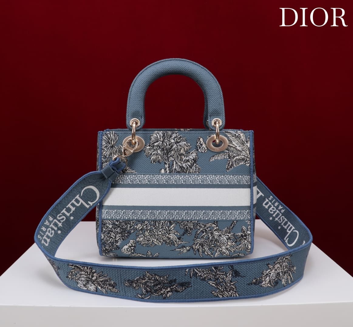 Medium Lady D-Lite Bag White and Blue Toile de Jouy Palms Embroidery High
