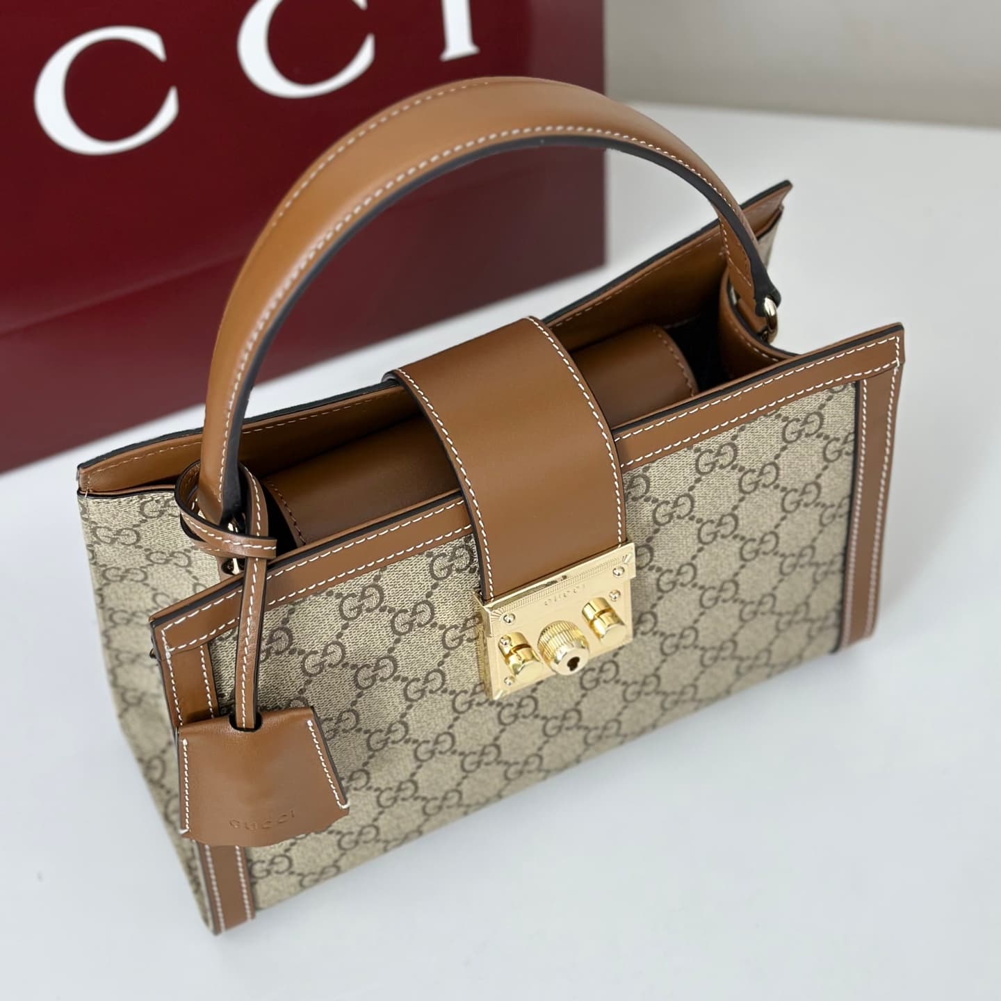 Gucci Padlock medium top handle bag beige and brown GG fabric 838992 High