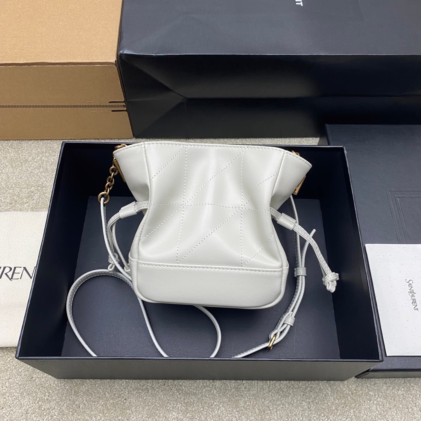 Saint Laurent Jamie Mini Leather Bucket Bag White Lambskin 859174 High