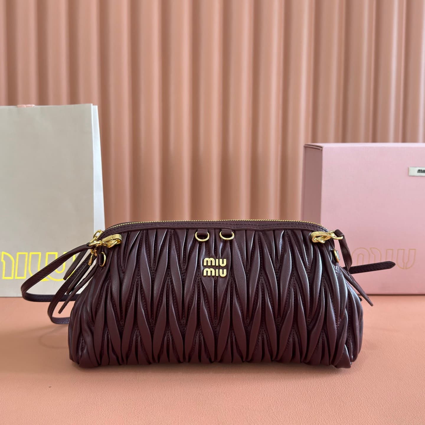 Miu Miu Caprice matelassé nappa leather clutch Burgundy TOP