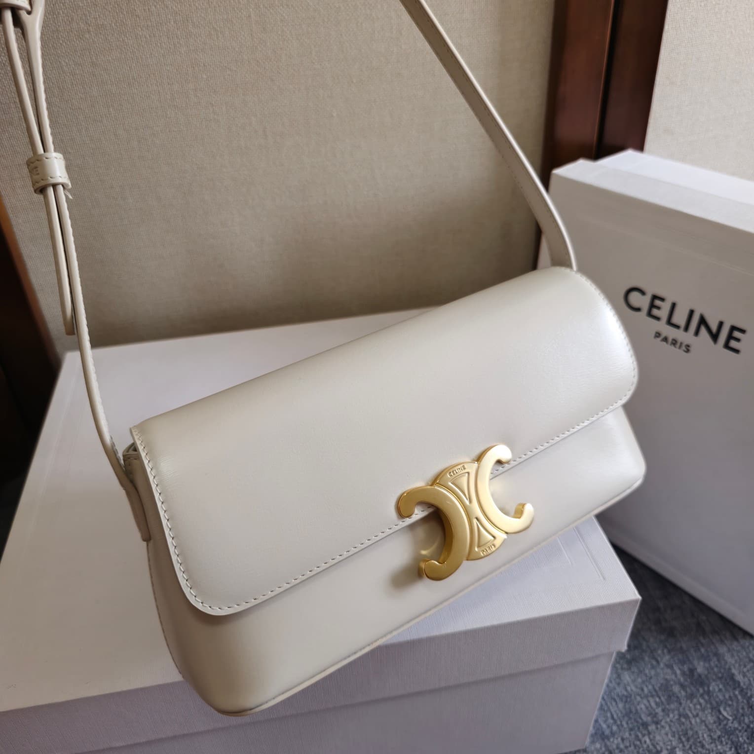 Celine Triomphe Shoulder Bag in Shiny Calfskin White High