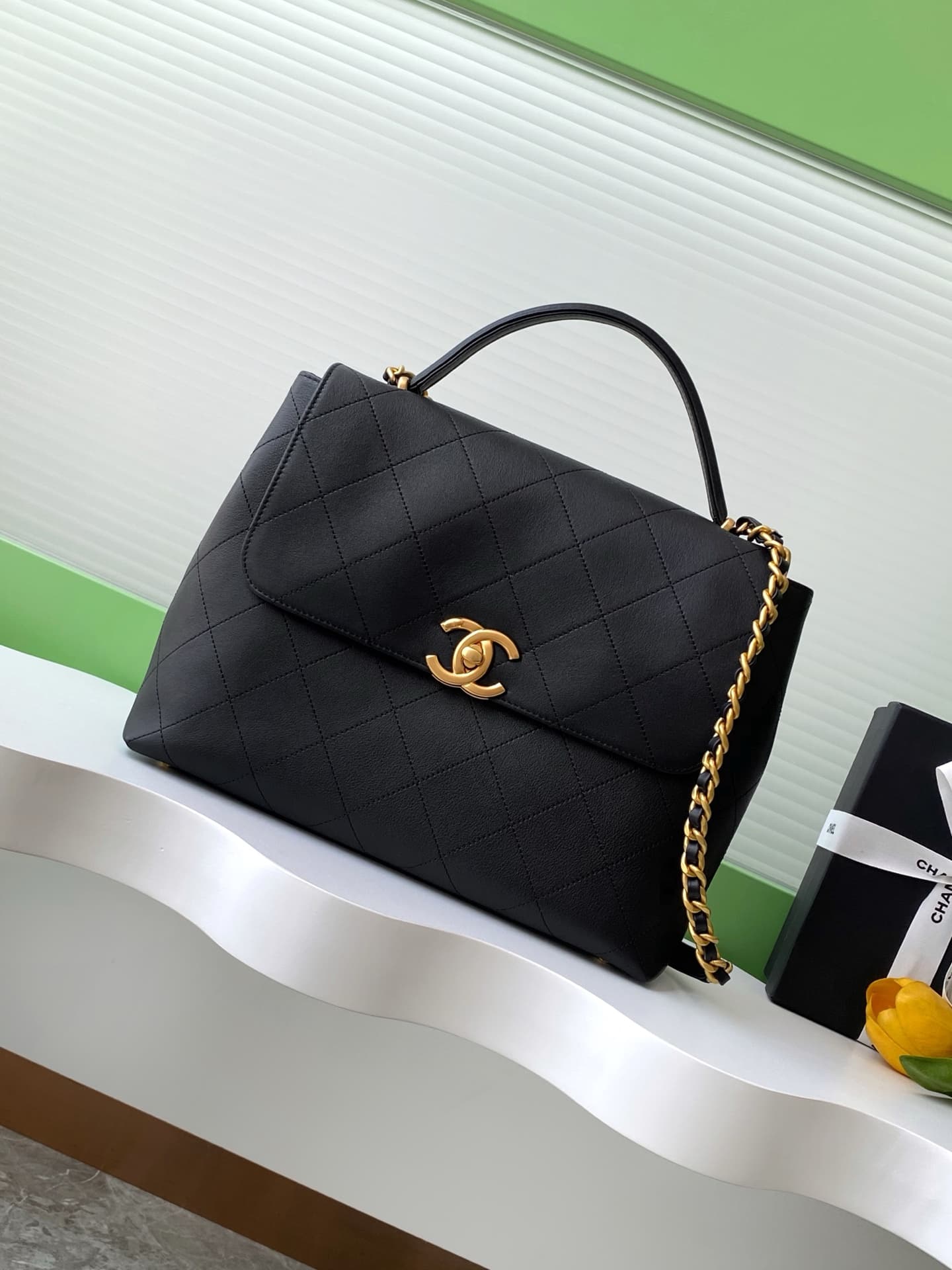 LARGE FLAP BAG WITH TOP HANDLE Calfskin & Gold-Tone Metal Black AS5447 A