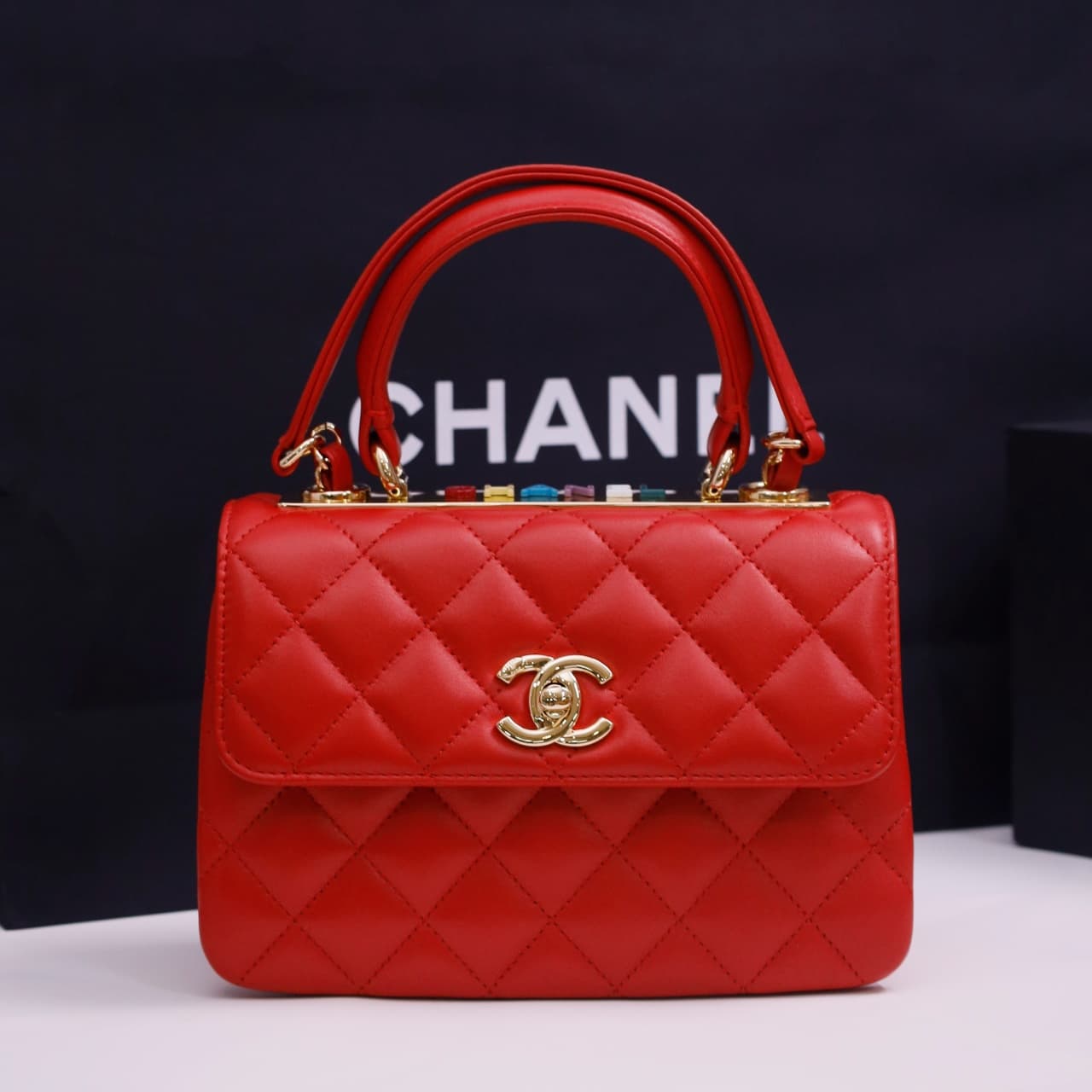 Chanel MINI FLAP BAG WITH TOP HANDLE AS4654 Lambskin &Gold-Tone Metal Light Red A