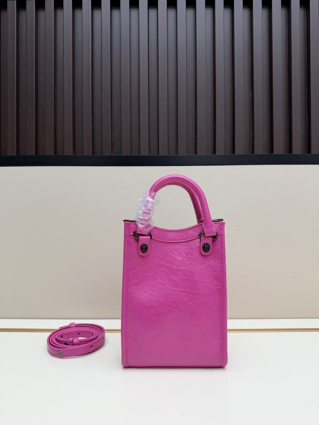 Balenciaga Le City Leather Tote Phone Holder Vibrant Pink High