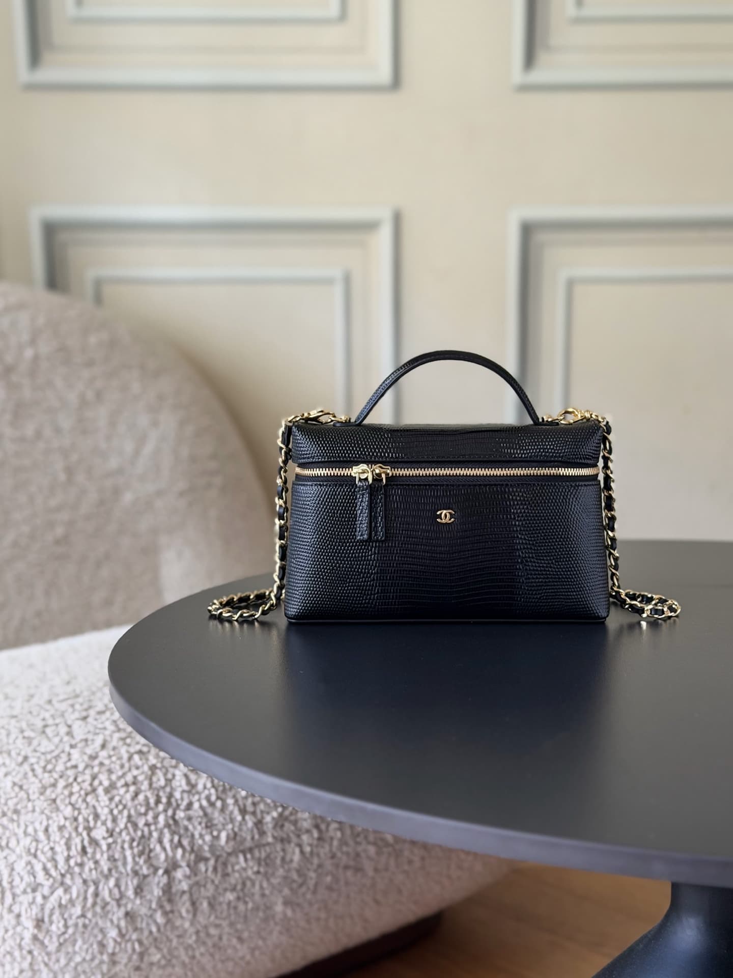 Chanel Small Vanity with chain Lizard Embossed Calfskin & Gold-Tone Metal Black AS5346 A